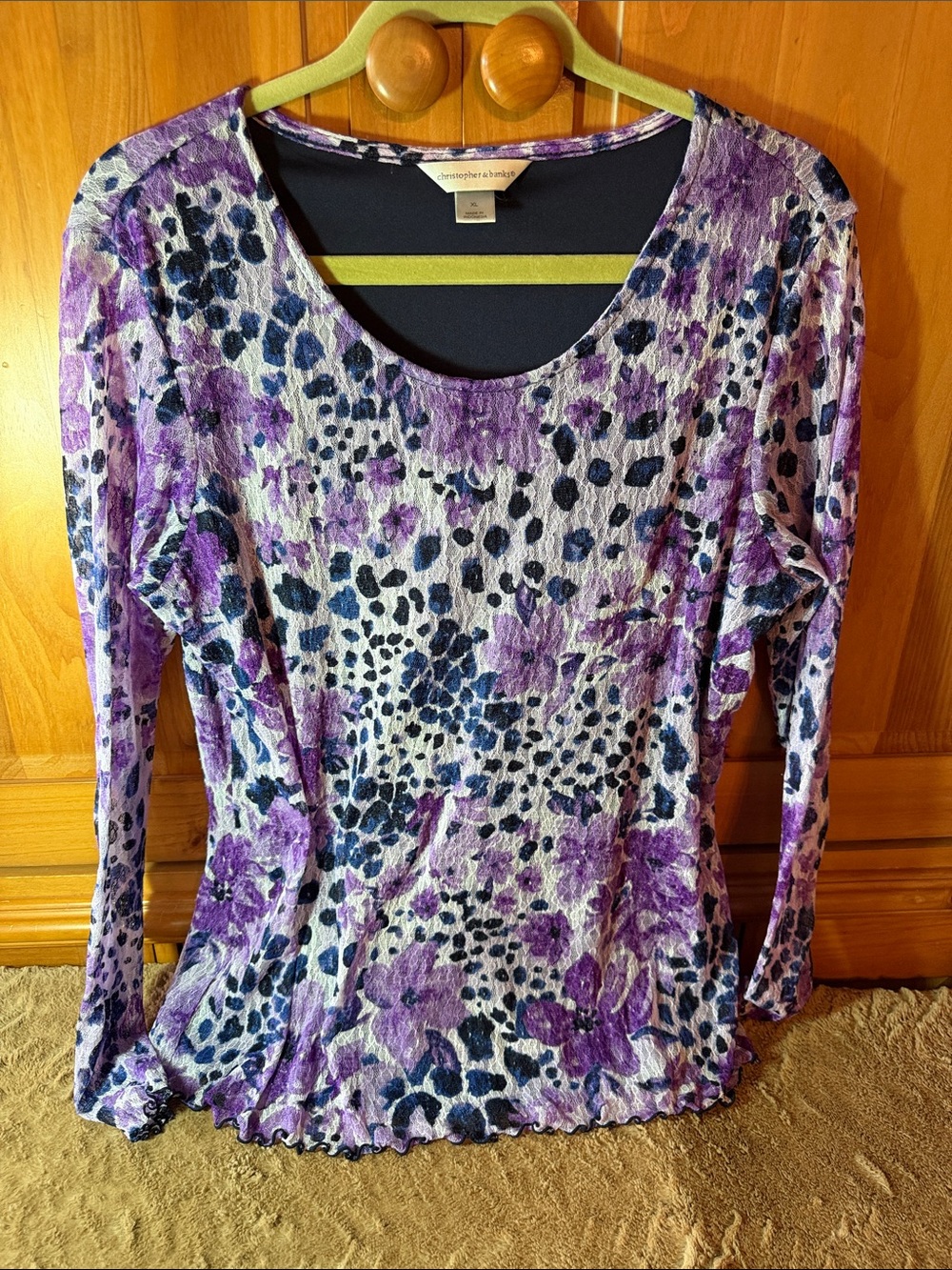 CJ Banks Purple/Navy Floral Long Sleeve Scoop Neck Top Lace XL lined